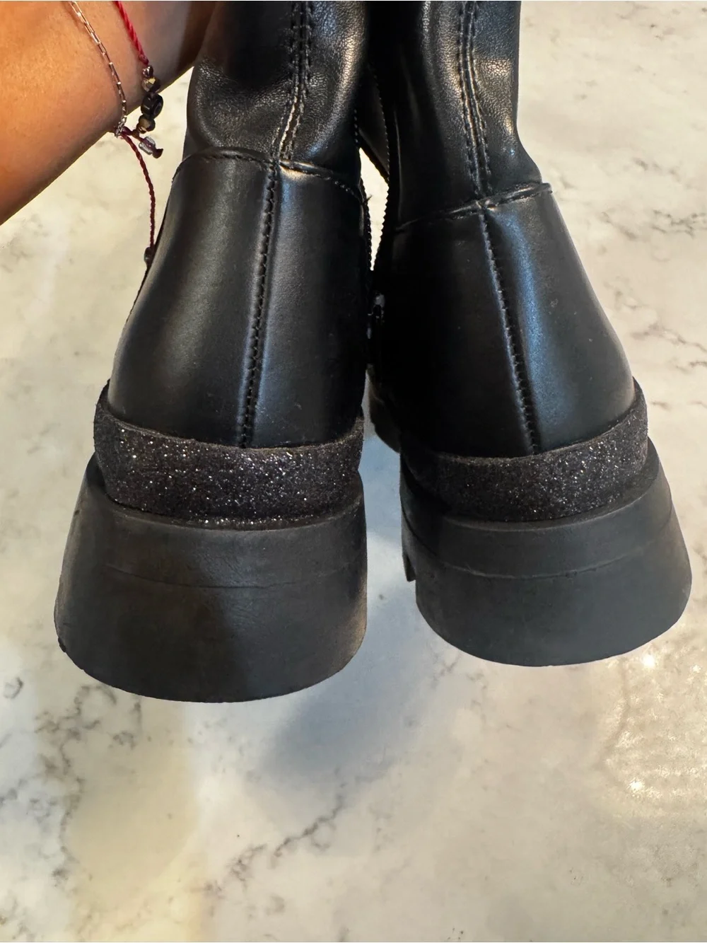 Steve Madden Black Leather Knee-High Boots with Glitter Platform